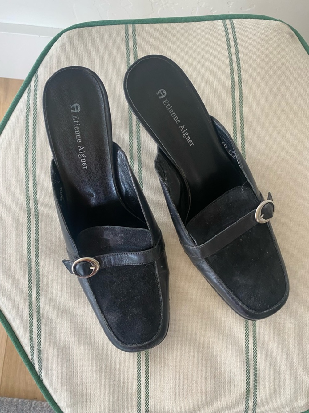 Etienne Aigner Black Leather & Suede Mule Slides with Buckle